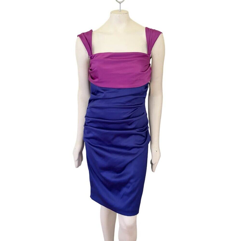 NWT SUZI CHIN Square Neck Ruched Satin Sheath Dress Fuchsia & Indigo SIZES 6, 10